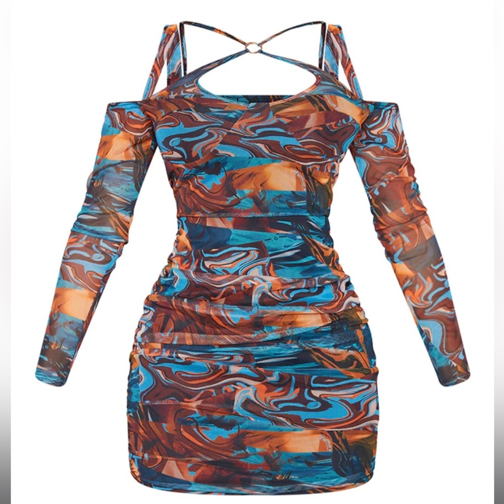 Shape Blue Marble Print Mesh Ring Halterneck Ruched Bodycon Dress